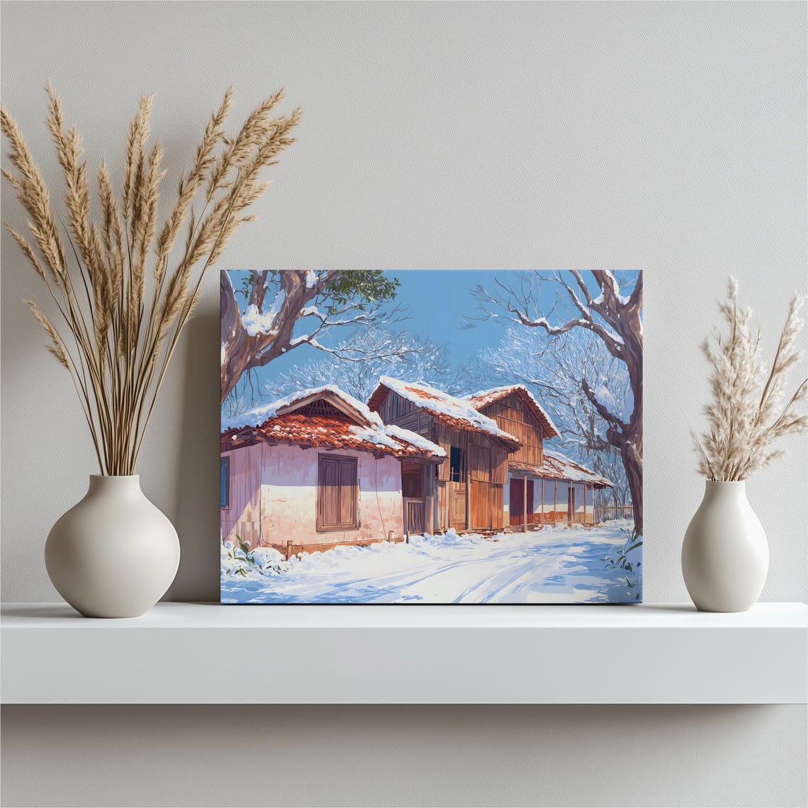 Snowy Winter Village Rustic Wooden Houses Anime Art Landscape Poster
