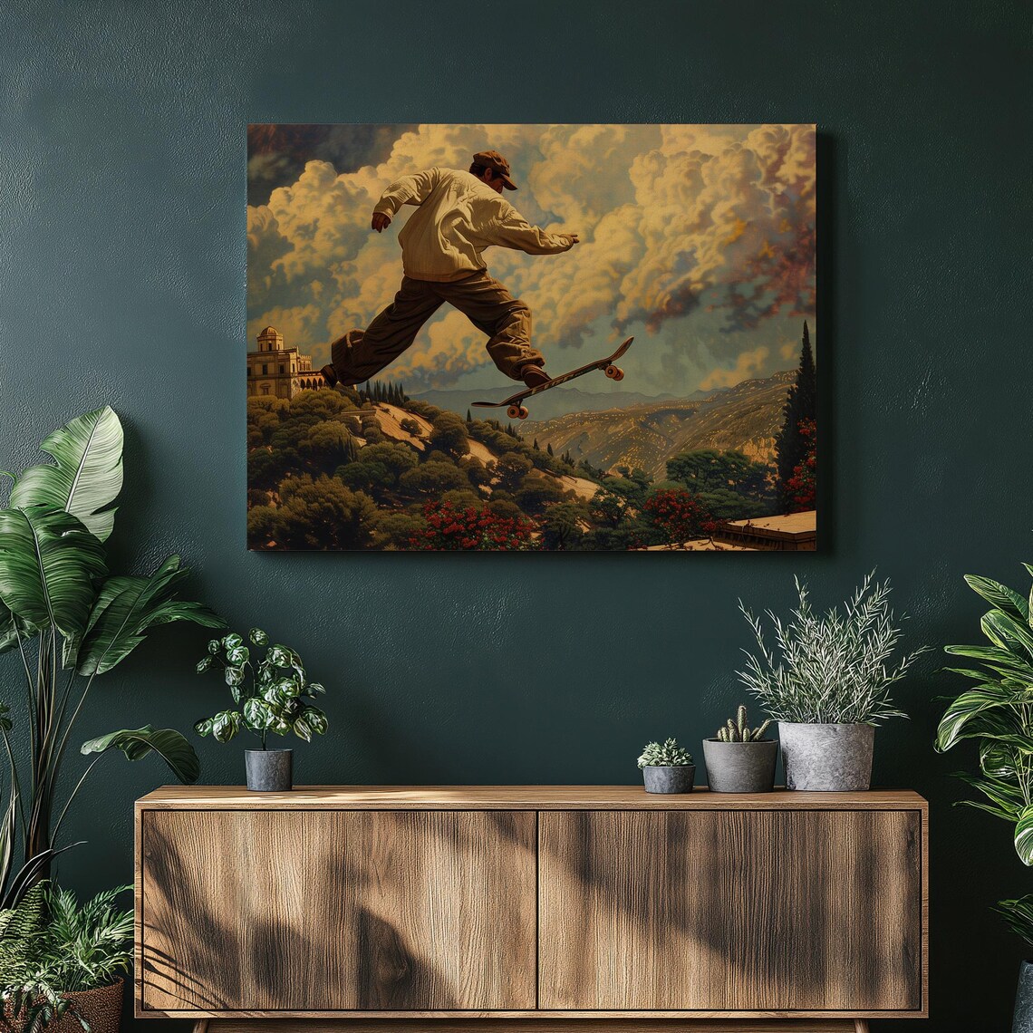 Skateboarder Mid Air Oil Painting Style Tuscan Hills Dramatic Sky Print