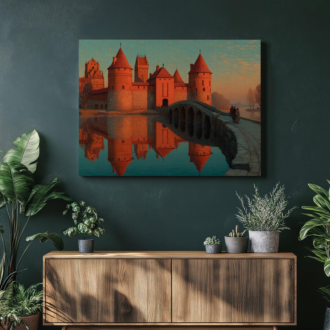 Medieval Red Brick Castle at Sunset Stone Bridge Reflection Art Poster