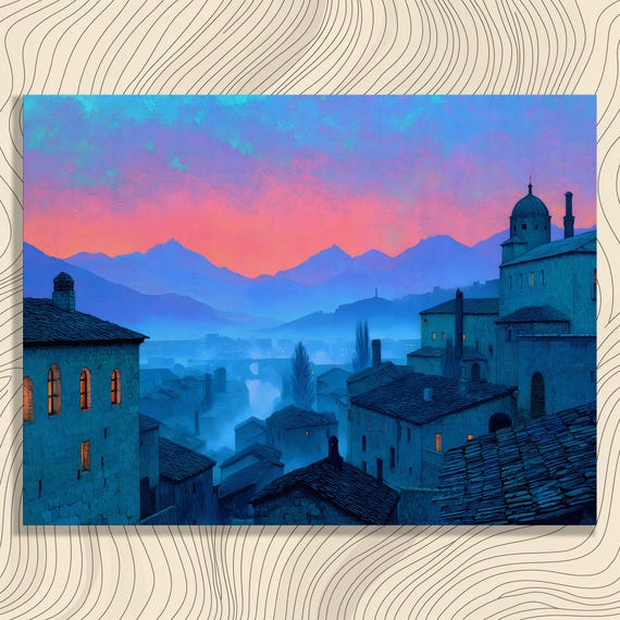 Medieval Village Twilight Canvas Wall Art Misty Mountain Sunset Print Rustic Decor Colorful European Landscape Painting Pastel Sky Gift