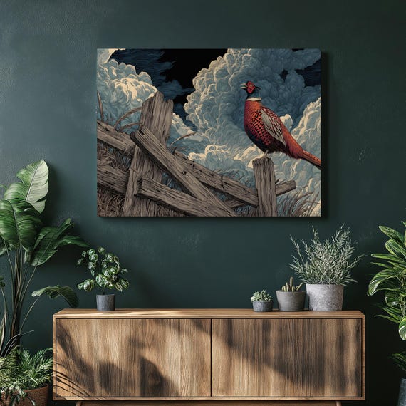 Pheasant On Fence Canvas Wall Art Rustic Farmhouse Country Wildlife Print Stormy Sky Clouds Nature Illustration Vintage Bird Decor