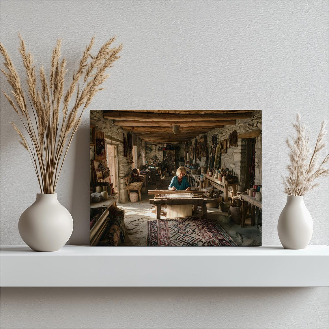 Woman Weaving Rug on Loom in Rustic Stone Workshop Photo Poster