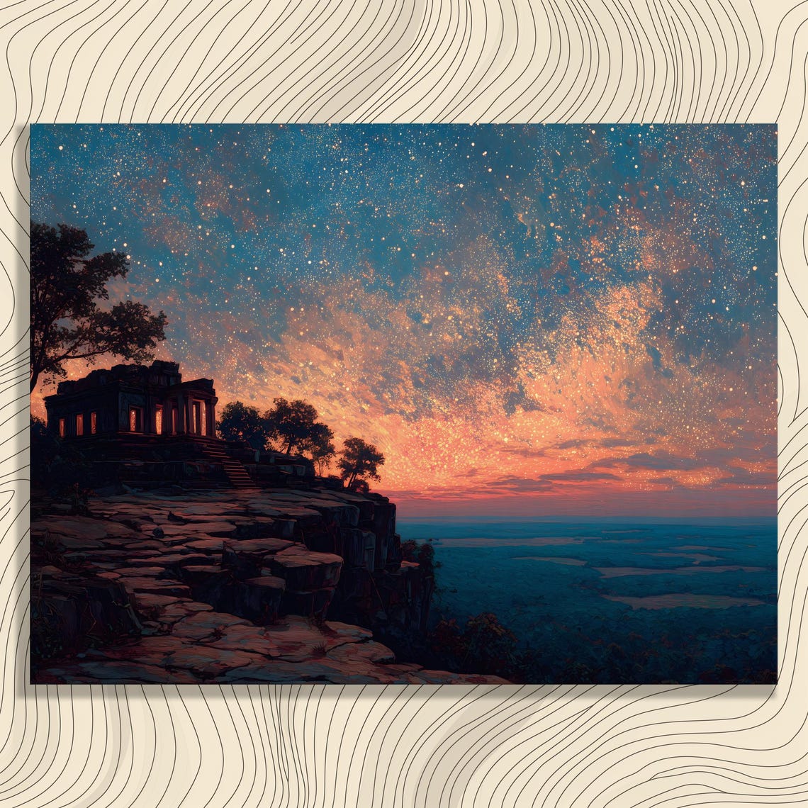 Starry Temple Ruins Cosmic Sunset Sky Fantasy Night Landscape Poster