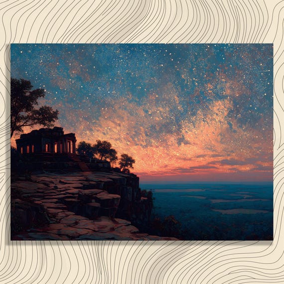 Starry Temple Ruins Cosmic Sunset Sky Fantasy Night Landscape Poster