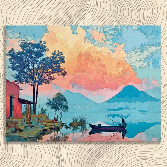 Colorful Sunset Lakeside Canvas Wall Art Mountain Lake Boat Painting With Trees Reflection Pink Summer Skies Nature Decor Print