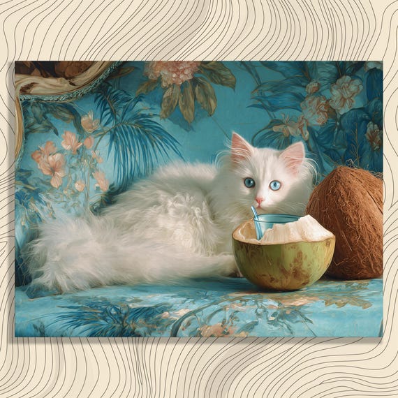 Blue Eyed Kitten Canvas Wall Art Tropical Leaves Cat Portrait Print Teal Couch Coastal Decor Coconut Drink White Feline Illustration