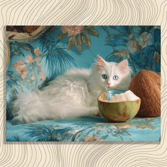 Fluffy White Cat With Blue Eyes Beside a Fresh Coconut Poster