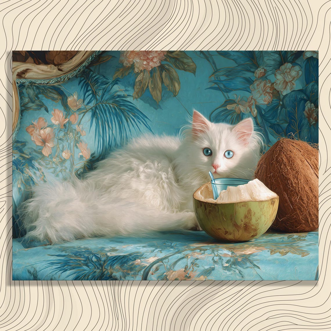 Fluffy White Cat With Blue Eyes Beside a Fresh Coconut Poster