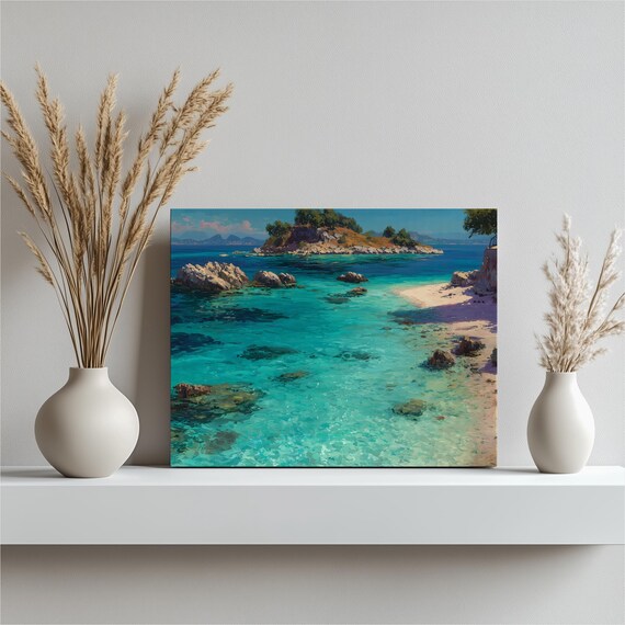Turquoise Rocky Island Beach Cove Sunlit Seascape Oil Painting Poster