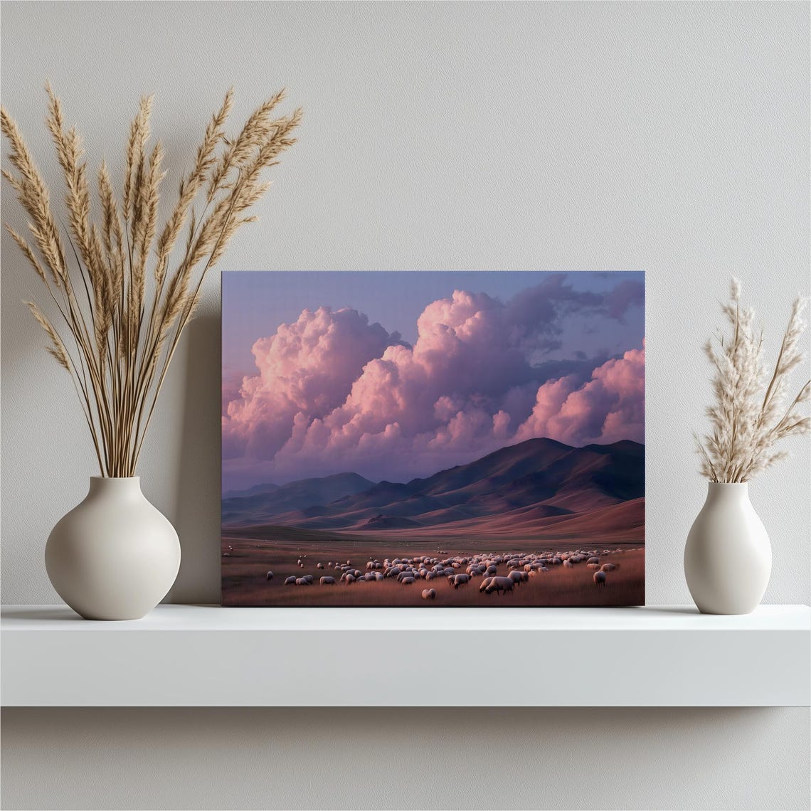 Sheep Flock Pasture Pink Sunset Mountain Landscape Poster Farmhouse