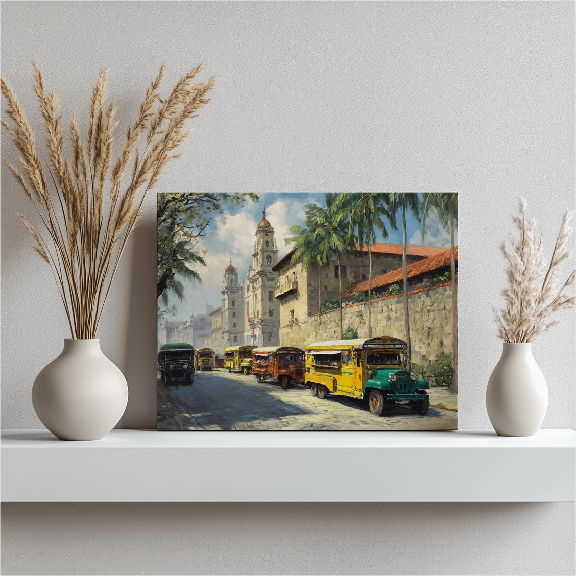 Colorful Jeepney Street Canvas Wall Art Tropical Cityscape Painting Palm Trees Colonial Church Landscape Coastal Decor Travel Poster