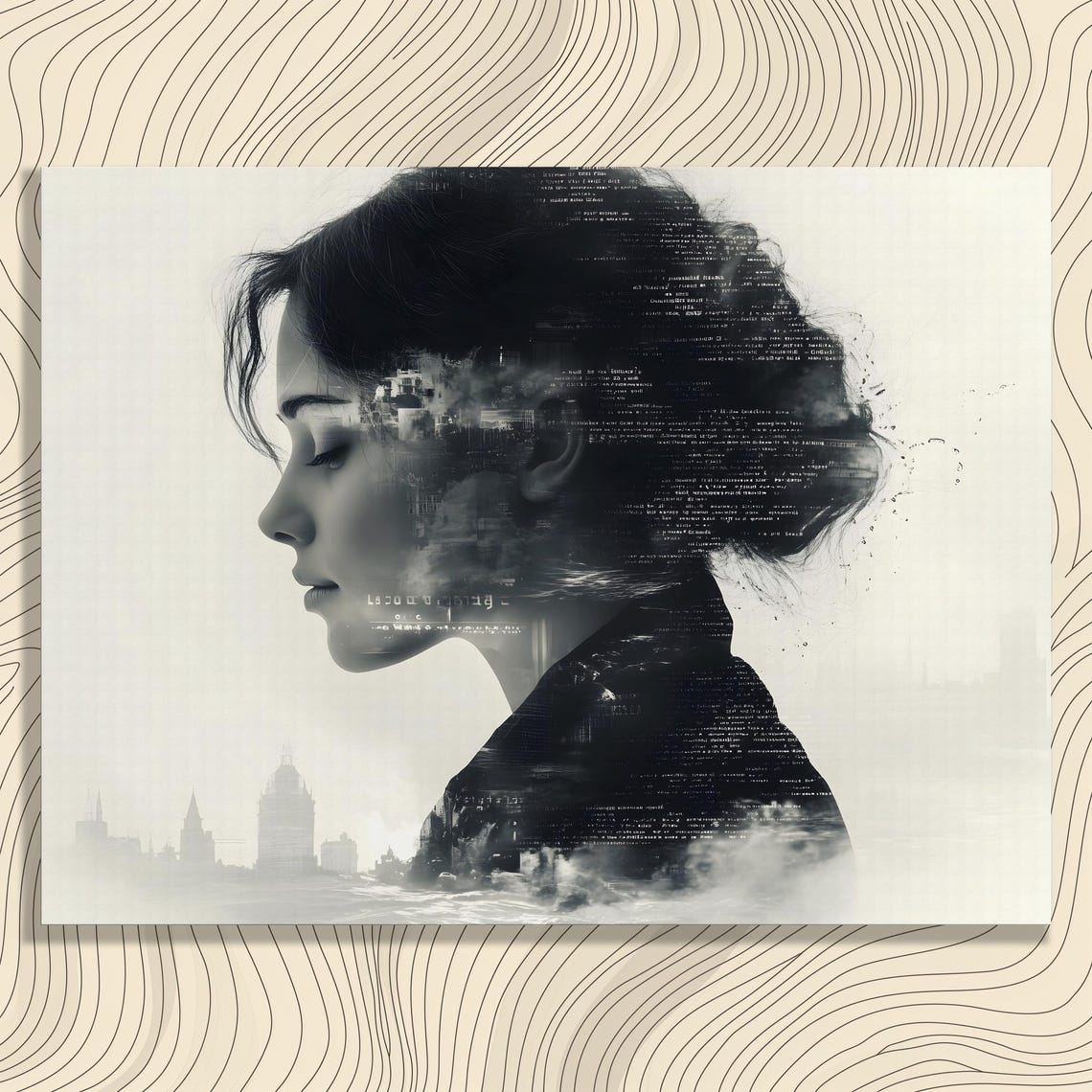 Double Exposure Portrait Canvas Wall Art Urban Cityscape Profile With Ocean Waves Misty Skyline And Monochrome Minimalist Home Decor