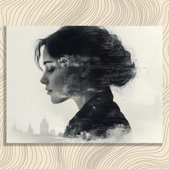 Double Exposure Portrait Canvas Wall Art Urban Cityscape Profile With Ocean Waves Misty Skyline And Monochrome Minimalist Home Decor