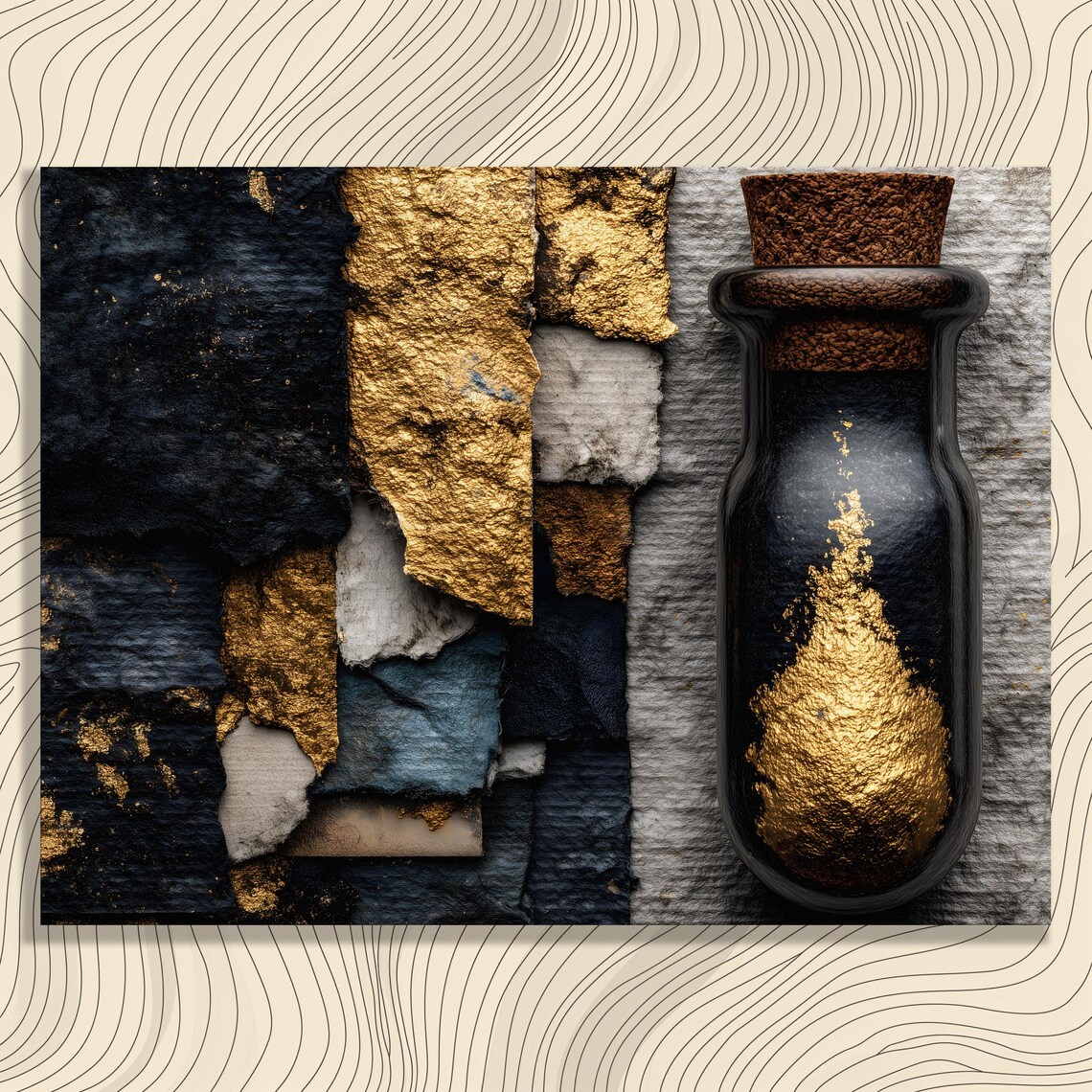 Black And Gold Bottle Abstract Art Mixed Media Gold Leaf Texture Wall Art