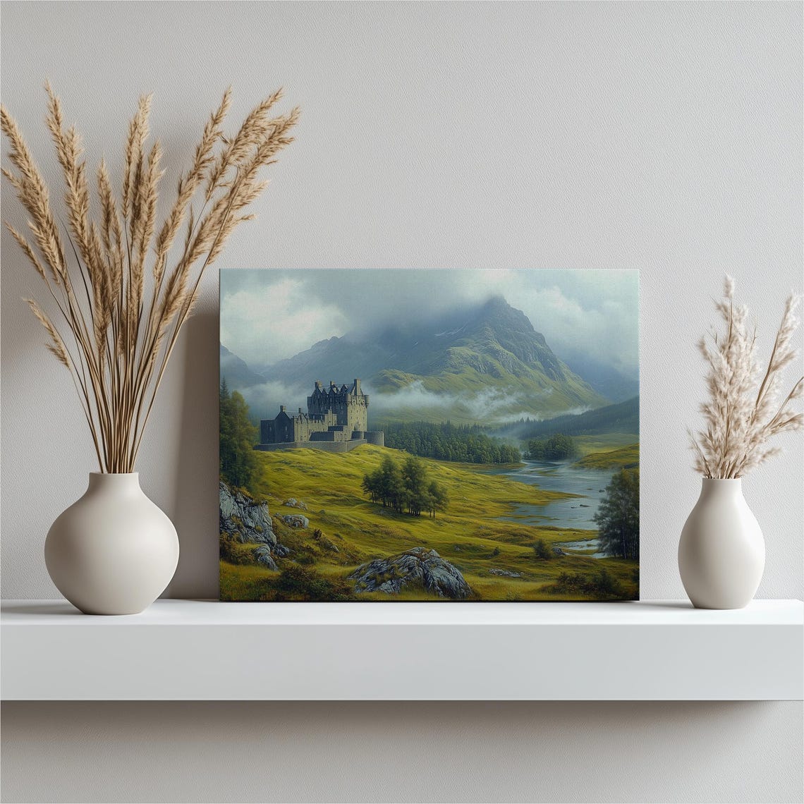 Scottish Highland Castle Misty Mountain Romantic Landscape Poster