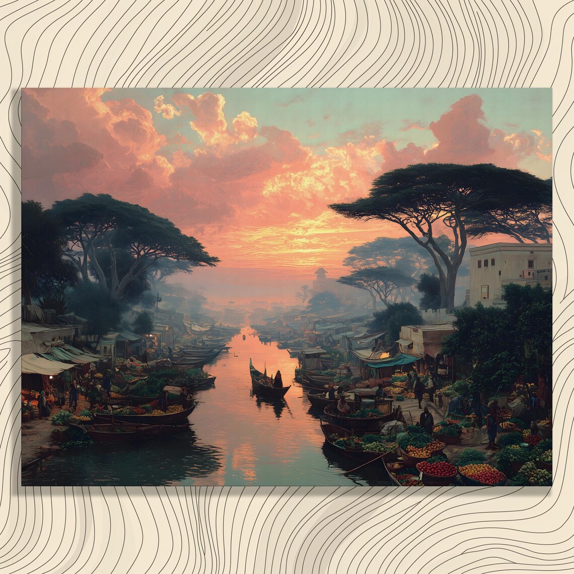 Floating Sunrise River Market Produce Boats Morning Glow Poster
