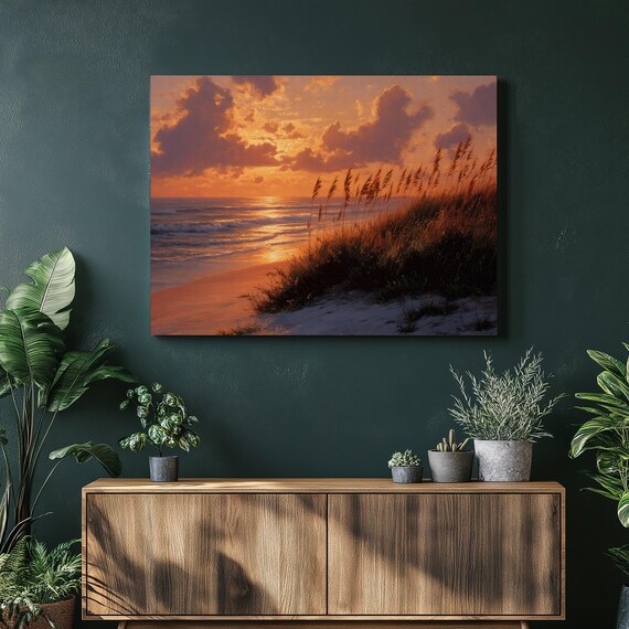 Coastal Sunset Poster Beach Dunes With Sea Oats Over Ocean Waves Golden Art