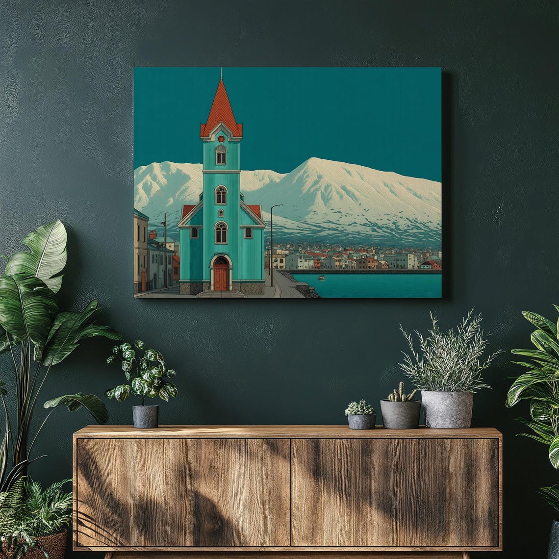 Teal Coastal Church Red Steeple Snowy Mountains Nordic Wall Art