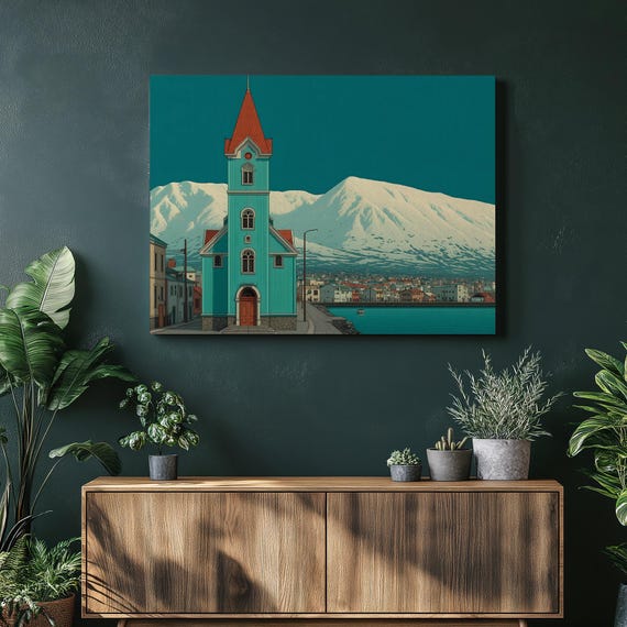 Modern Coastal Church Canvas Wall Art Minimalist Mountain Harbor Landscape Print Scandinavian Decor Illustration Painting Gift