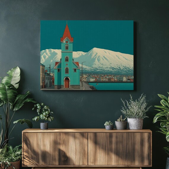 Teal Coastal Church Red Steeple Snowy Mountains Nordic Wall Art