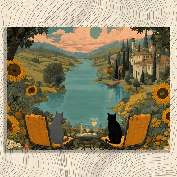 Two Cats in Chairs Overlooking Sunflower Lake Villa View Poster