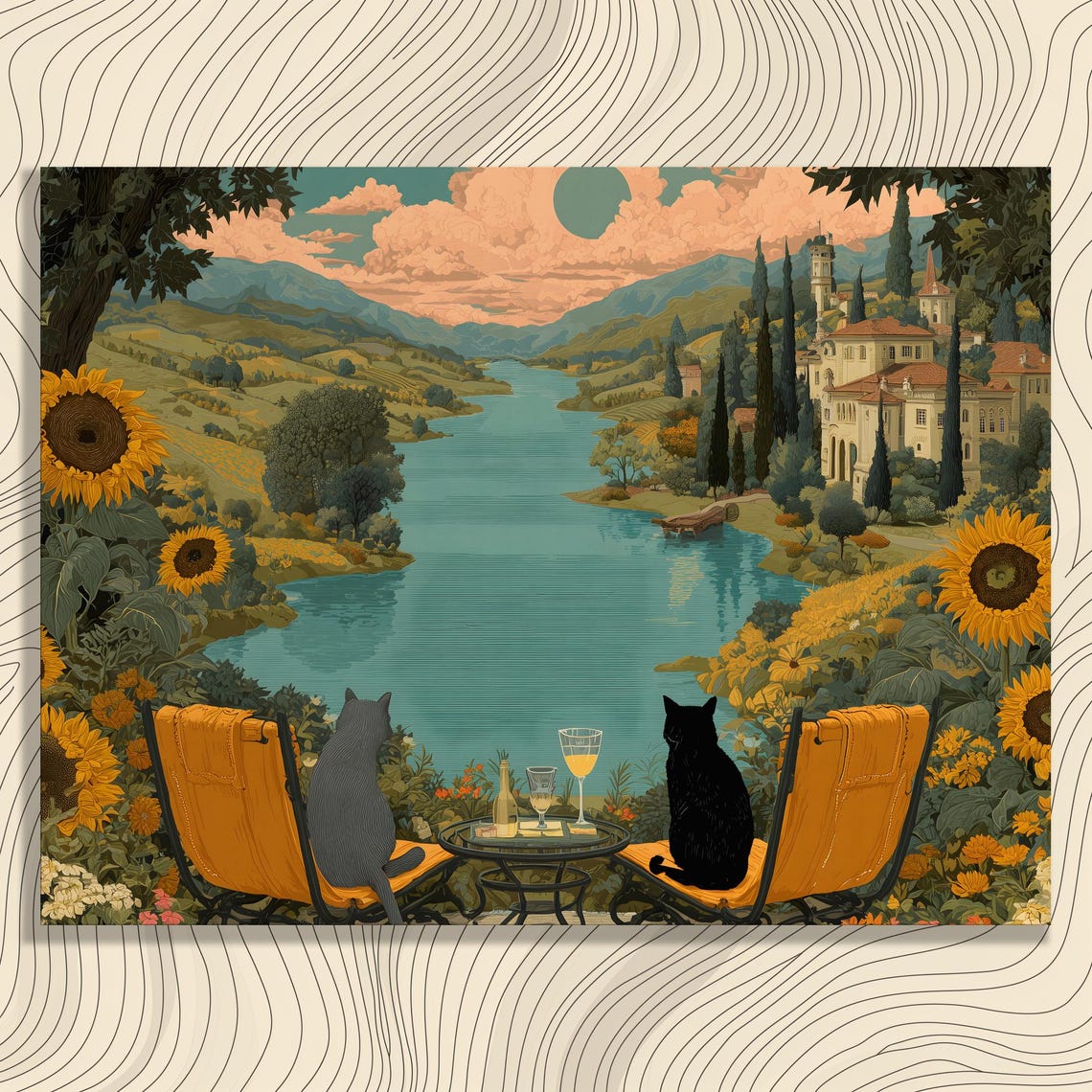 Two Cats in Chairs Overlooking Sunflower Lake Villa View Poster