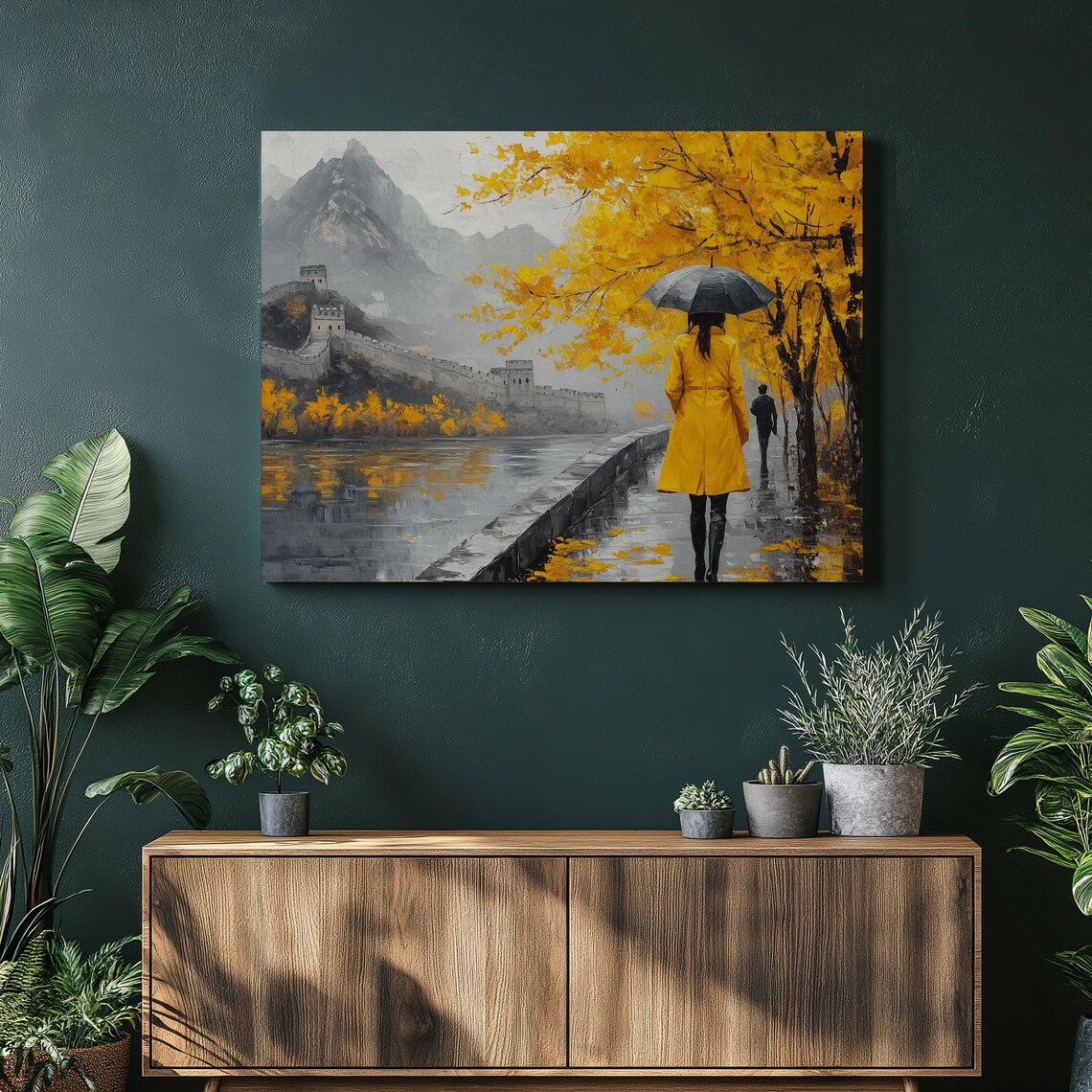 Great Wall of China Yellow Raincoat Autumn Rain Painting Poster