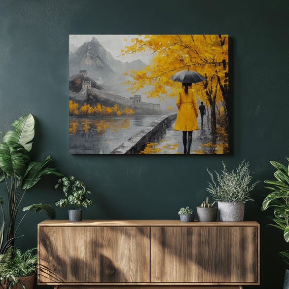Great Wall Of China Autumn Landscape Canvas Art Woman In Yellow Coat Walking By River Contemporary Colorful Home Decor