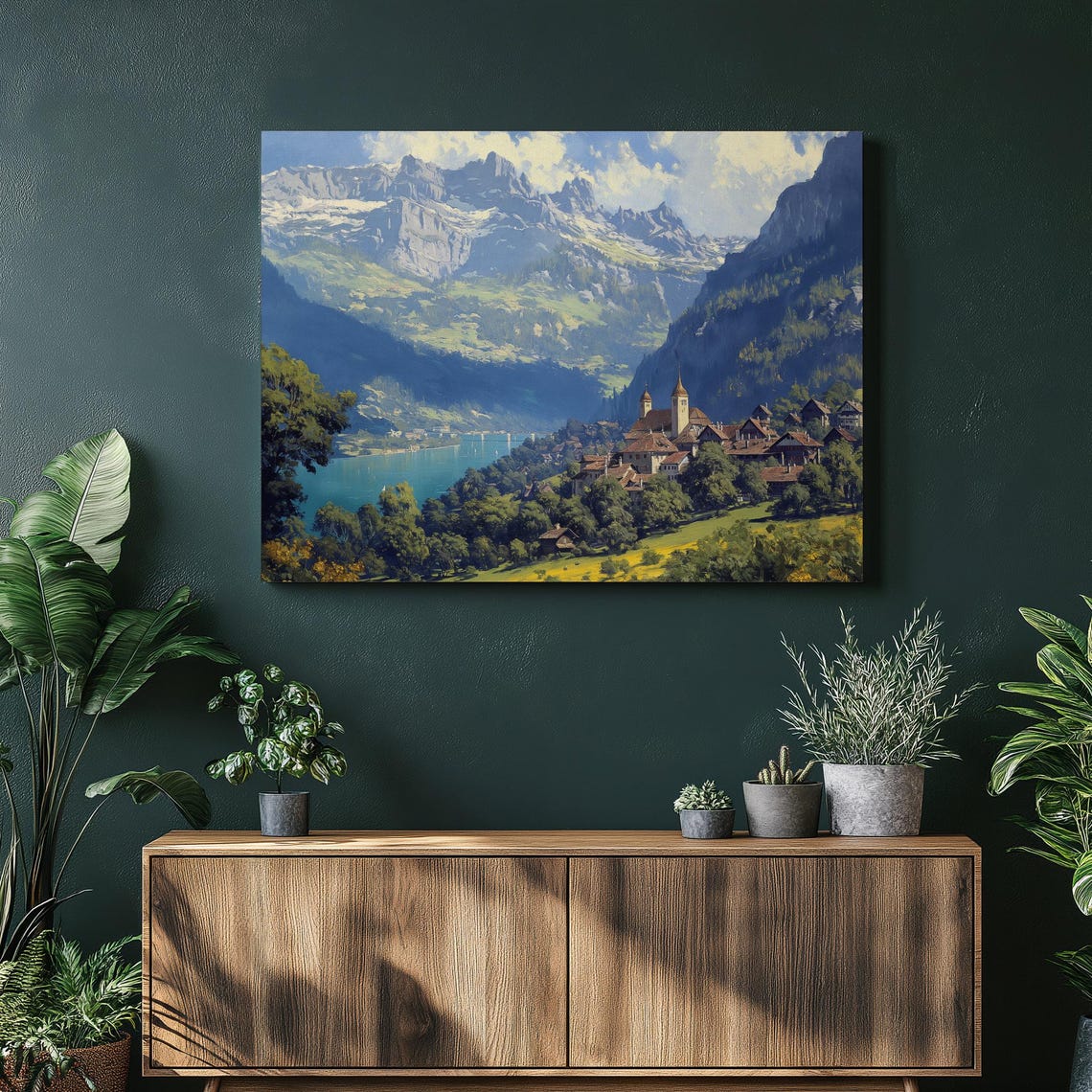Swiss Alps Lake Village Mountain Chapel Scenic Oil Painting Poster