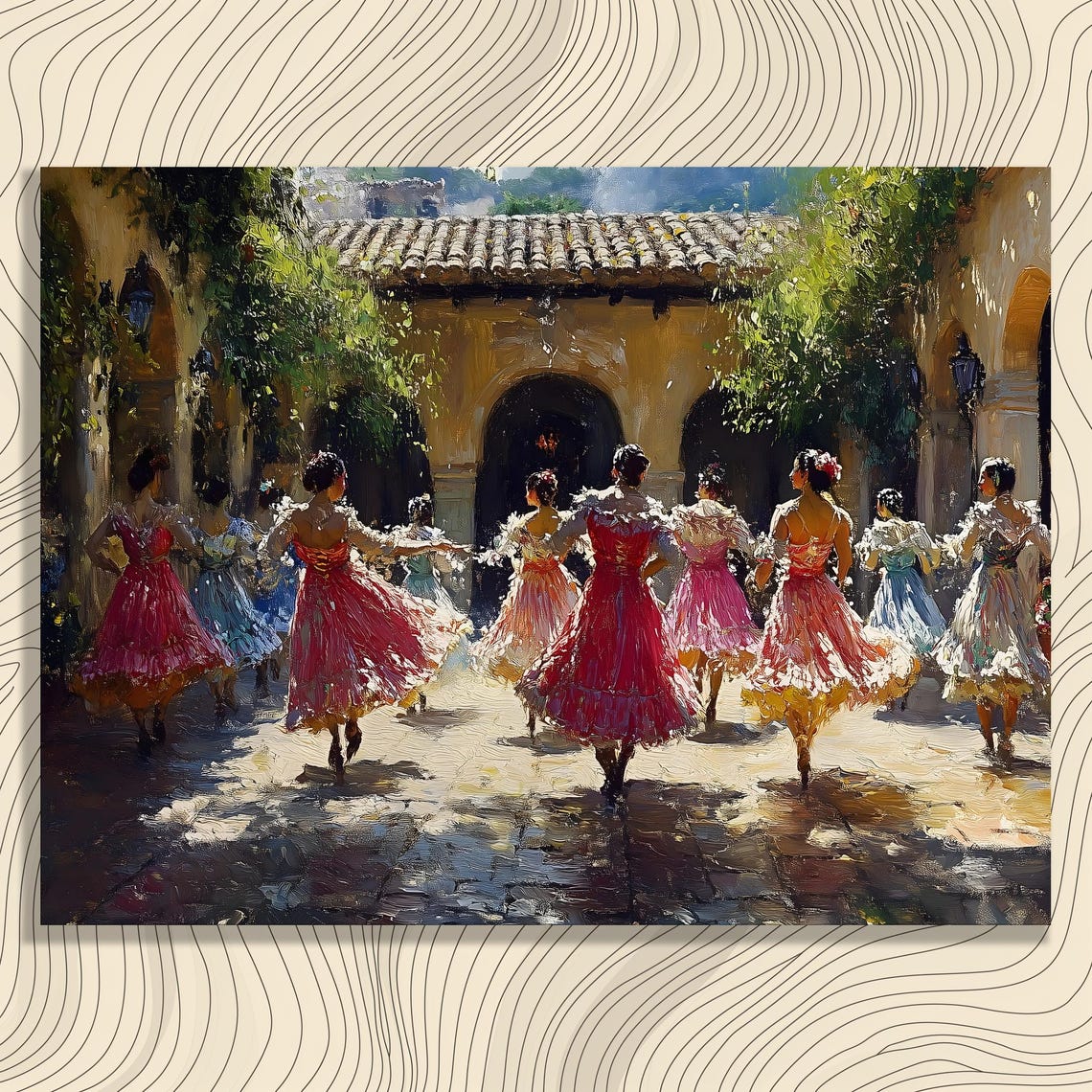 Flamenco Dancers Sunlit Courtyard Colorful Dresses Art Print