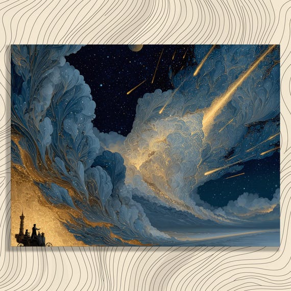 Surreal Carriage Ride Through Starry Clouds Golden Meteors Night Print