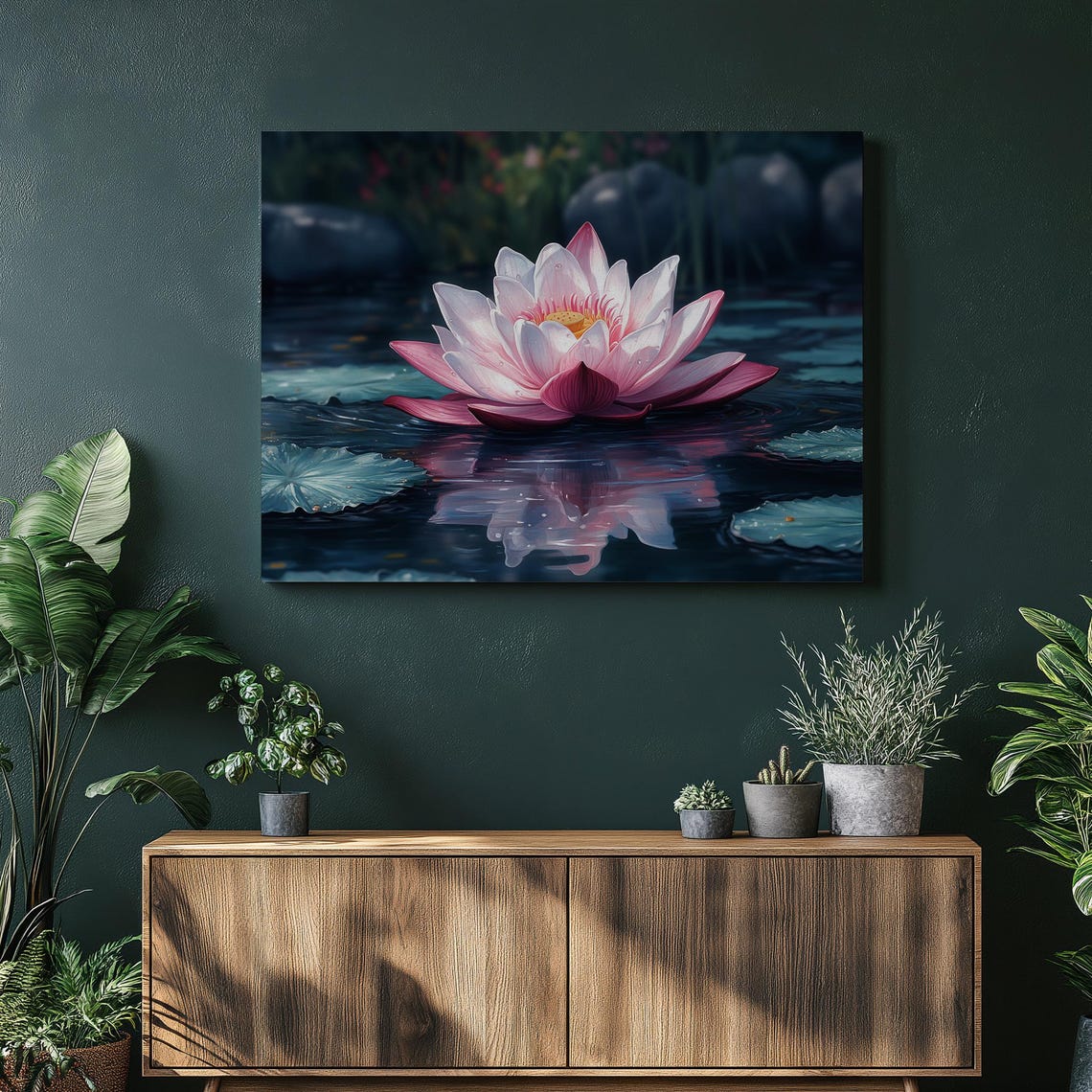 Pink Lotus Flower Dark Pond Lily Pads Modern Botanical Wall Art