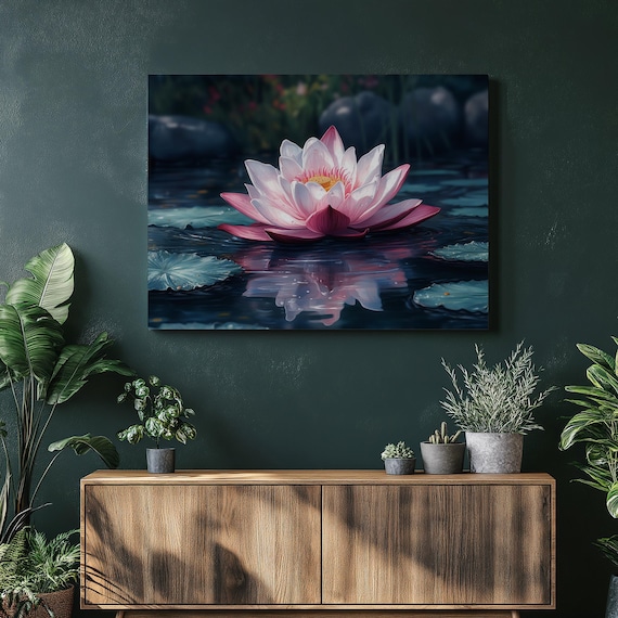 Pink Lotus Flower Dark Pond Lily Pads Modern Botanical Wall Art