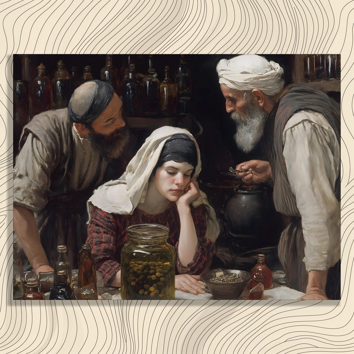 Apothecary Scene Oil Painting Biblical Apothecary Jars Rustic Poster