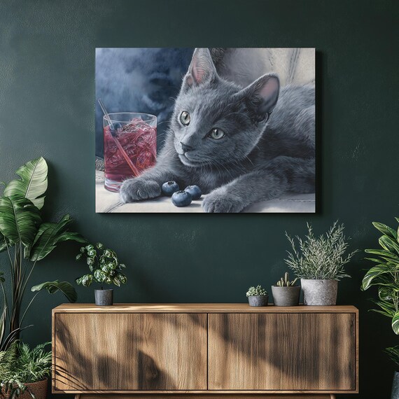 Gray Kitten With Iced Berry Drink Blueberries Lifelike Wall Art