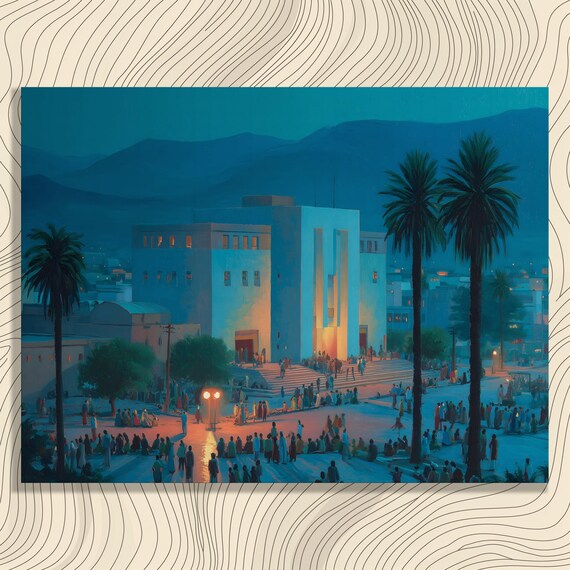 Twilight Cityscape Canvas Wall Art Luminous Modern Plaza Painting Print Blue Urban Night Decor Palm Trees Architecture Gift Mountain View