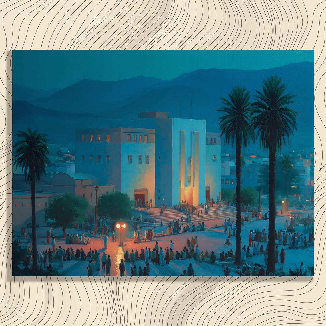 Twilight City Plaza Palm Trees Evening Crowd Painting Poster