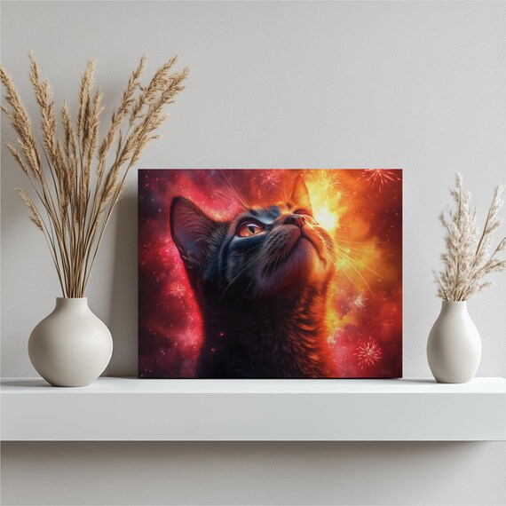 Black Cat Cosmic Fireworks Sky Looking Up Dramatic Orange Nebula Wall Art