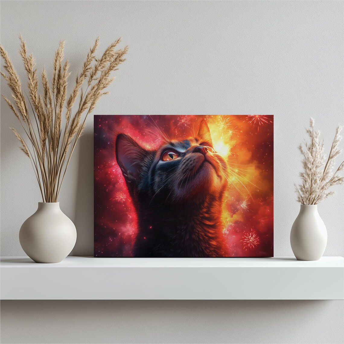 Black Cat Cosmic Fireworks Sky Looking Up Dramatic Orange Nebula Wall Art