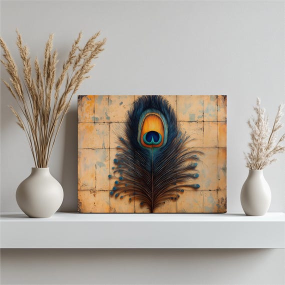 Peacock Feather Canvas Wall Art Vintage Tile Pattern Boho Decor Nouveau Botanical Print Rustic Accent Nature Theme Blue Beige