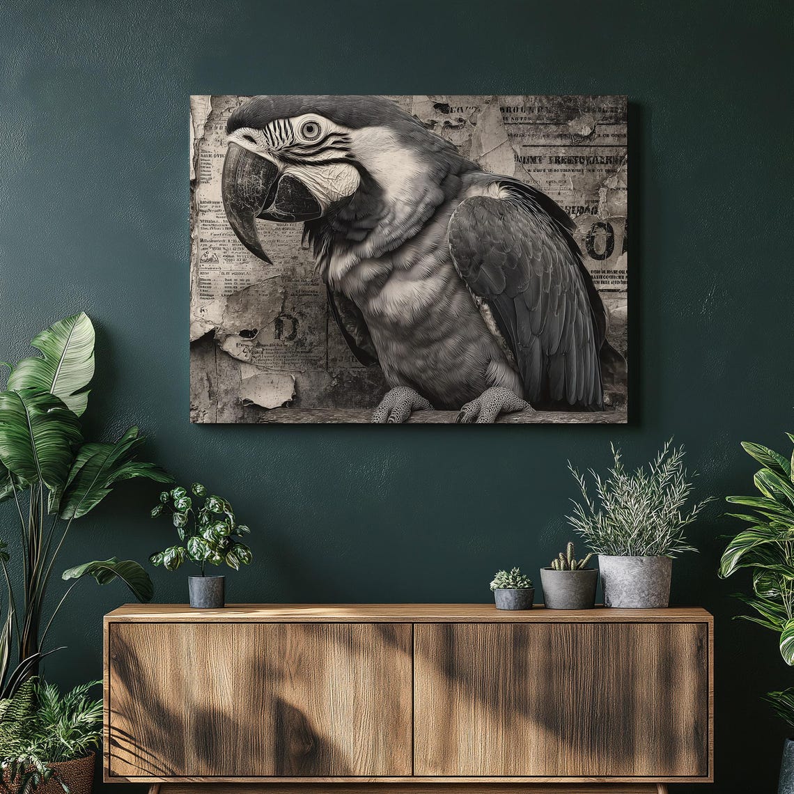 Vintage Macaw Parrot Portrait Sepia Newspaper Collage Bird Poster
