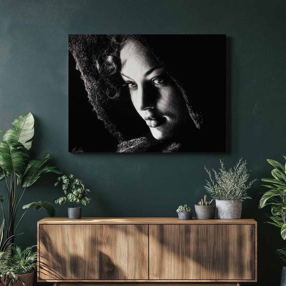 Dark Hooded Woman Portrait Poster Black White Dramatic Sketch Style Artwork