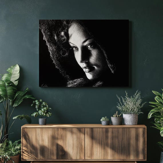 Dark Hooded Woman Canvas Wall Art Black White Portrait Print Dramatic Lighting Monochrome Decor Modern Gothic Moody Female Face