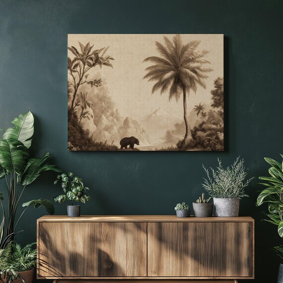 Vintage Bear Jungle Canvas Wall Art Sepia Wildlife Tropical Foliage With Palm Trees Mountains River Rustic Decor Neutral Tones