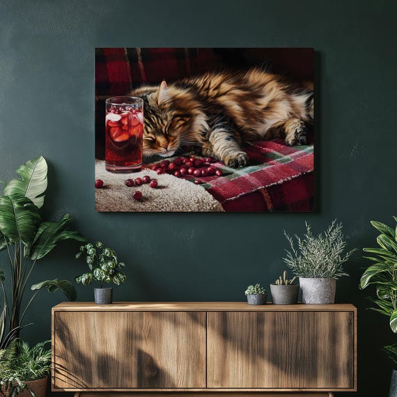 Sleeping Tabby Cat Canvas Wall Art Cozy Autumn Cranberry Drink On Plaid Blanket Country Farmhouse Traditional Feline Gift Decor Print