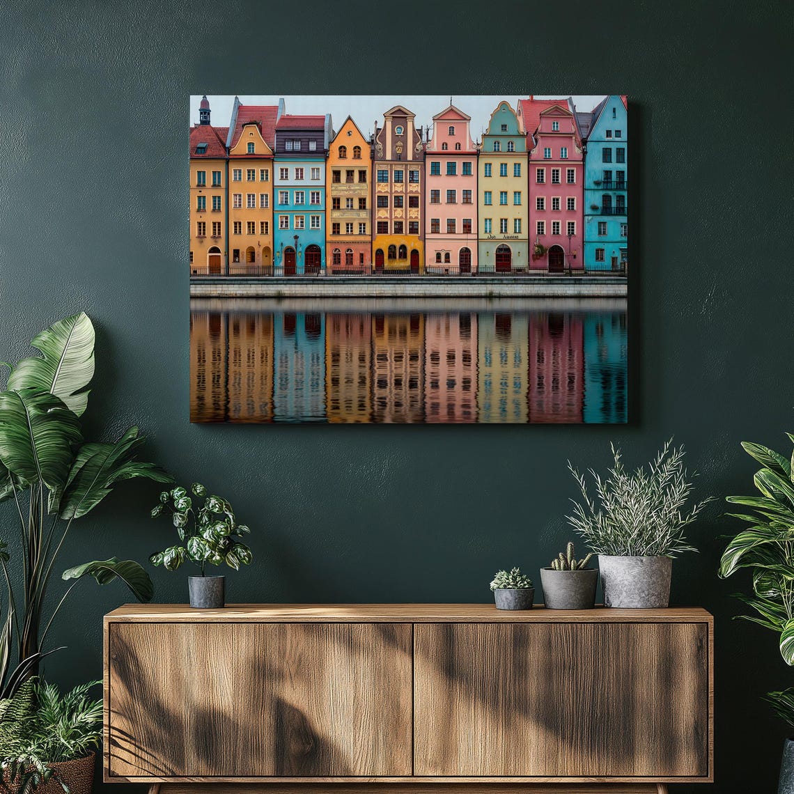 Colorful European Waterfront Houses Mirrored In Calm Water Poster