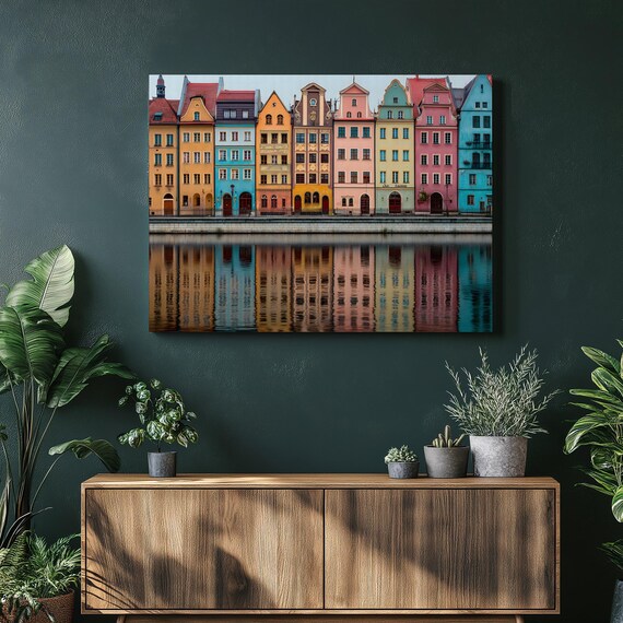 Colorful Cityscape Canvas Wall Art European Waterfront Houses With Vibrant Facades Water Reflections Architecture Print Travel Home Decor