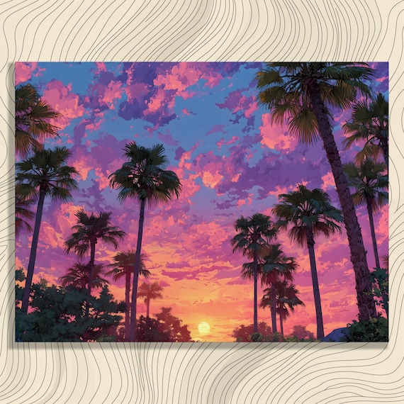 Palm Trees Against Pink and Purple Sunset Sky Tropical Painting Poster