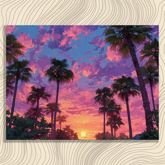 Sunset Palm Trees Canvas Wall Art Colorful Tropical Impressionist Landscape Print For Nature Lovers Beach Decor
