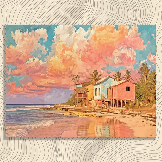 Vibrant Beach Houses Canvas Wall Art Tropical Seascape Painting Palm Trees Dramatic Clouds Sunset Ocean View Gallery Quality Print